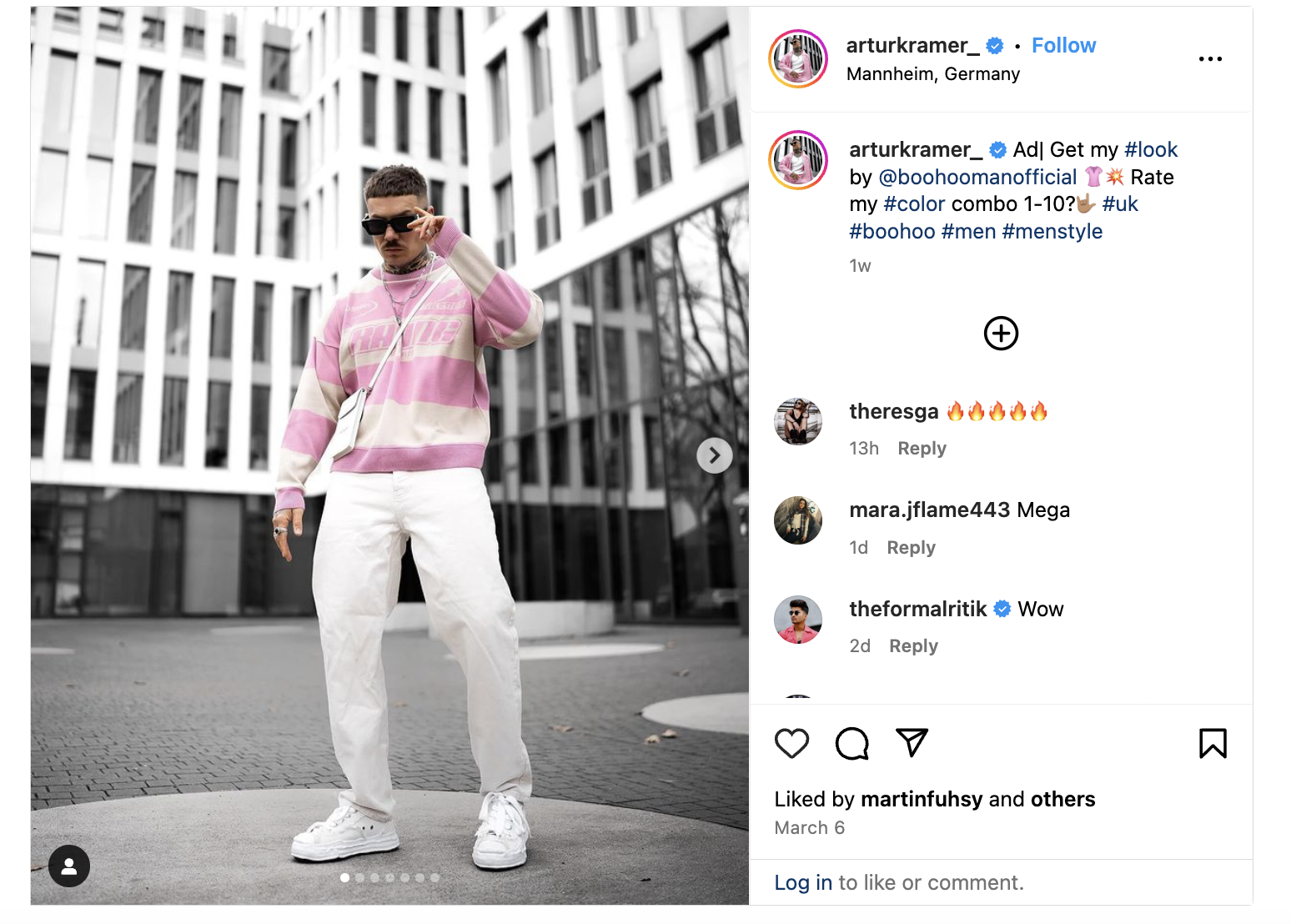 An Instagram post from Arthur Kramer wearing a pink and white outfit for his Boohoo Man sponsorship.