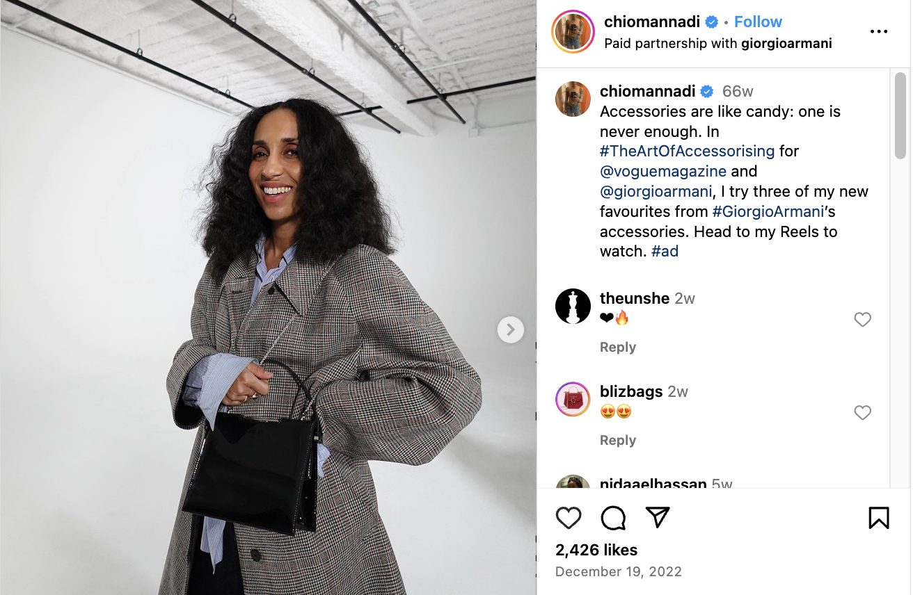 A sponsored Instagram post from Chioma Nnadi in collaboration with Vogue and Giorgio Armani. 