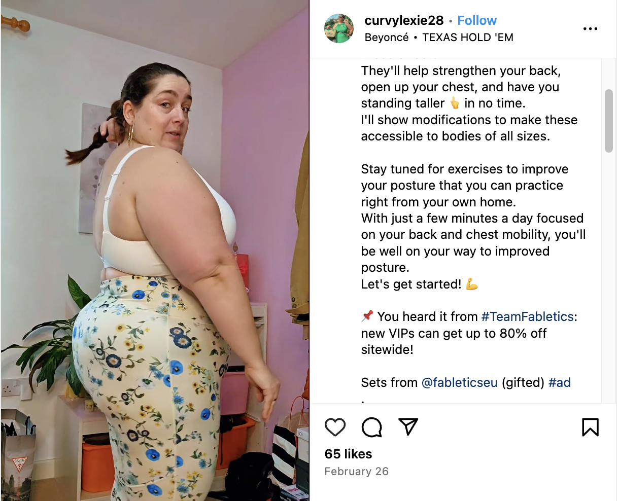 A sponsored post from @curvylexie28 wearing Fabletics sets. In the caption, she talks about the importance of exercising for better mobility and posture. 