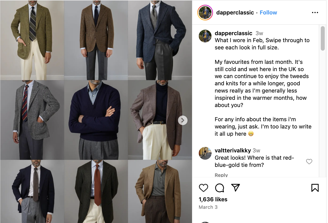 An Instagram post from @dapperclassic. He shows every outfit he wore in February. 