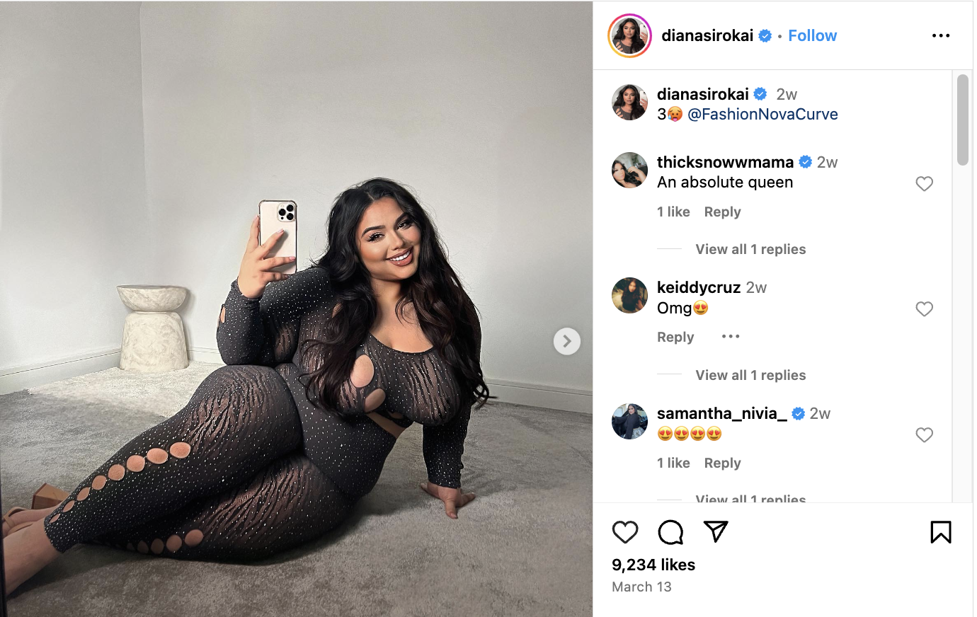 Diana Sirokai wearing a jumpsuit from Fashion Nova Curve. 