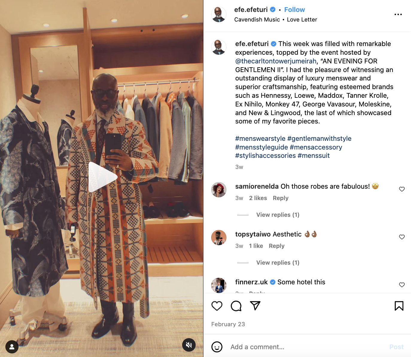 A Reel from Efe Efeturi vlogging his experience at a fashion event. 