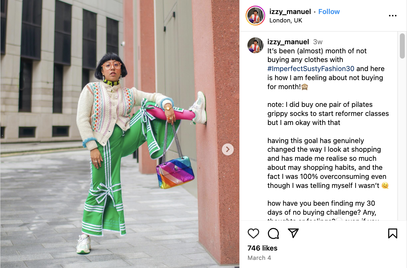 Izzy Manuel posing in an Instagram post. Her caption talks about her sustainable shopping journey. 