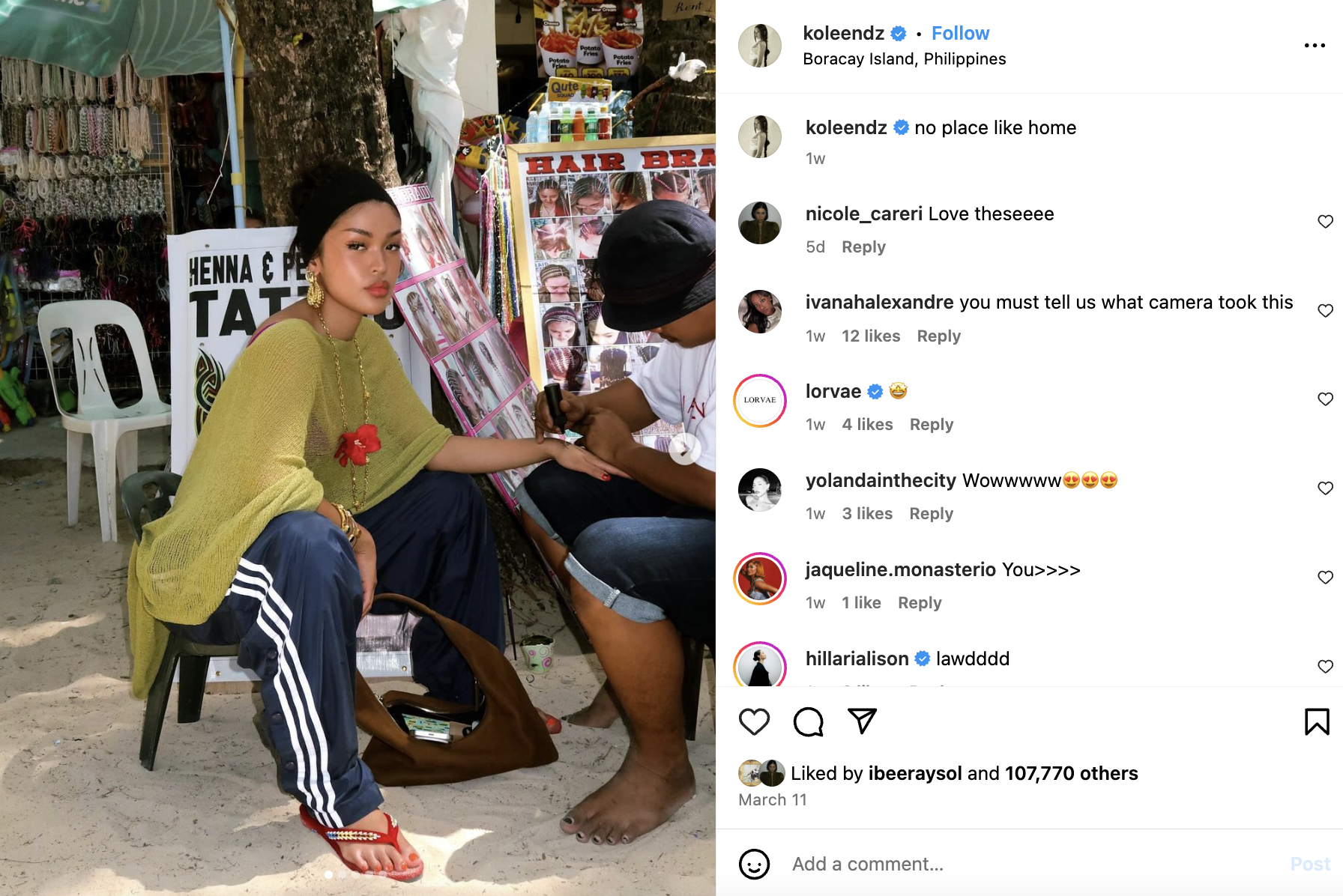 An Instagram post of Koleen Diaz wearing an oversize green top, feminine accessories and track pants. 