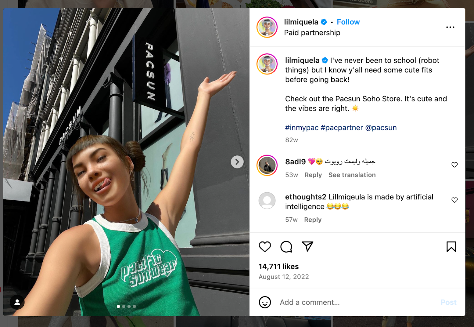 An Instagram brand partnership between Lil Miquela and Pacsun