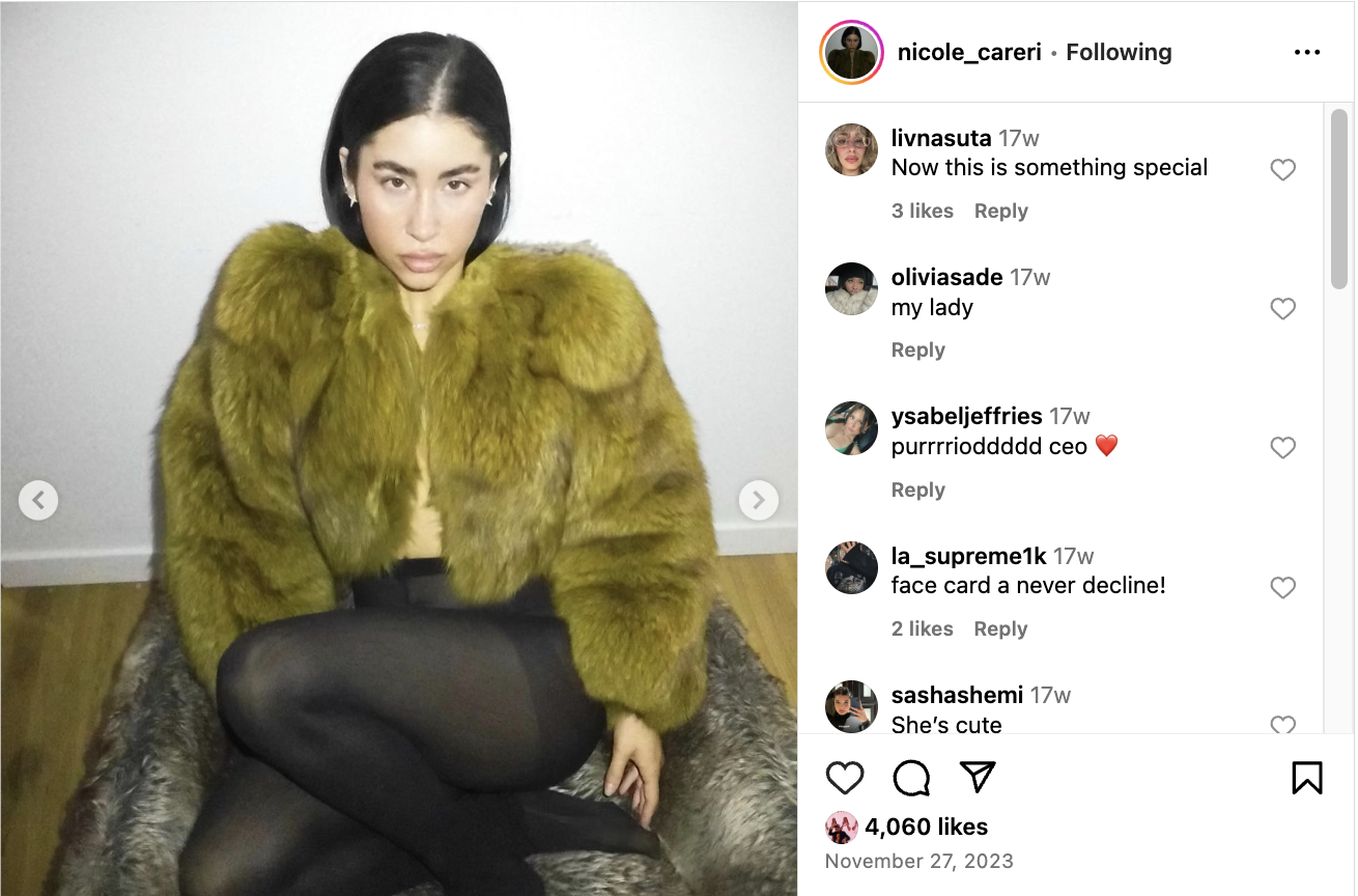 An Instagram post from Nicole Careri wearing a green fur coat and tights. 