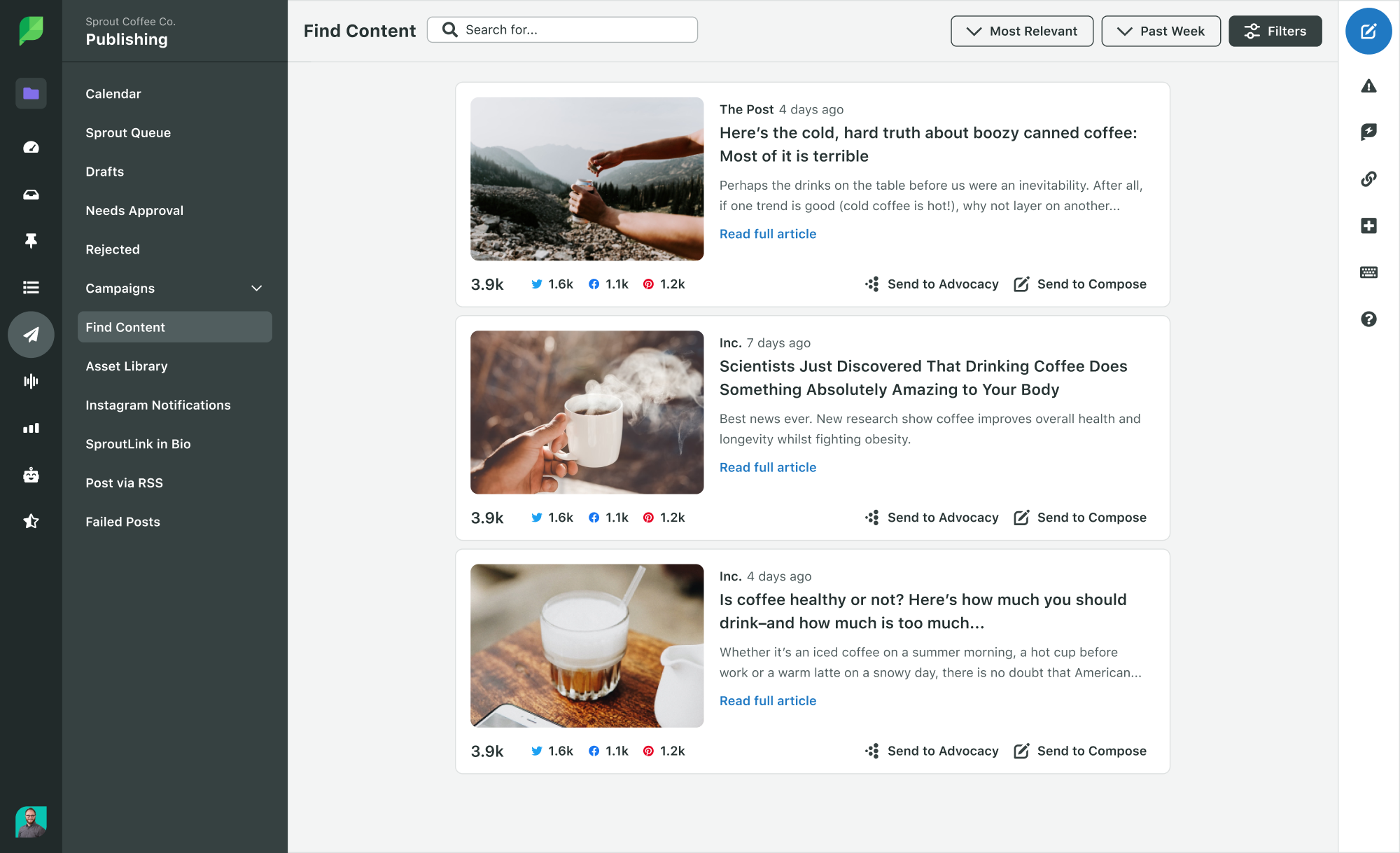 A screenshot of Sprout Social's "Find Content" feature