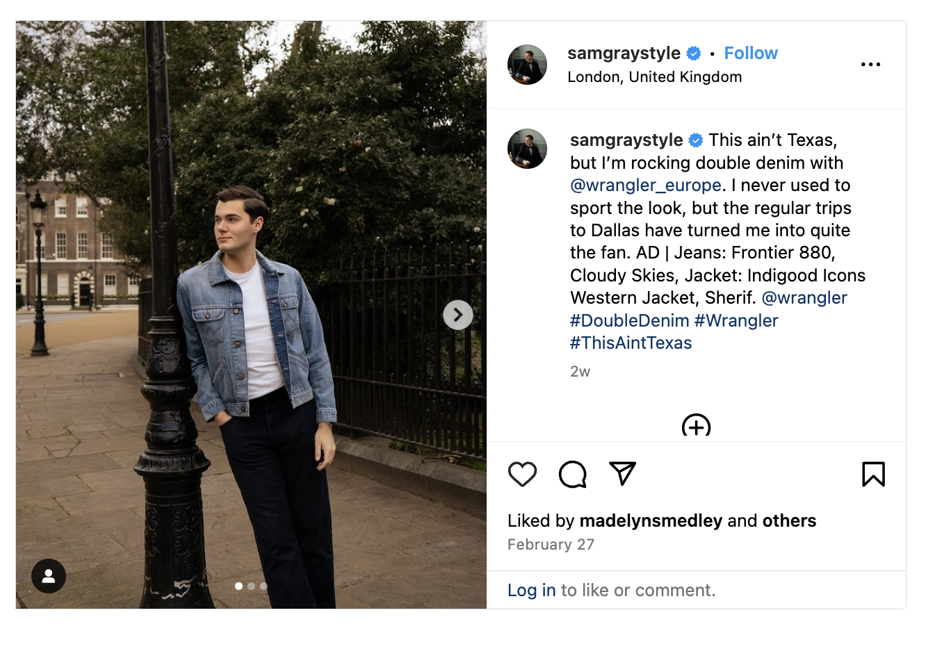 A sponsored Instagram post from Sam Gray wearing a Wrangler outfit. 