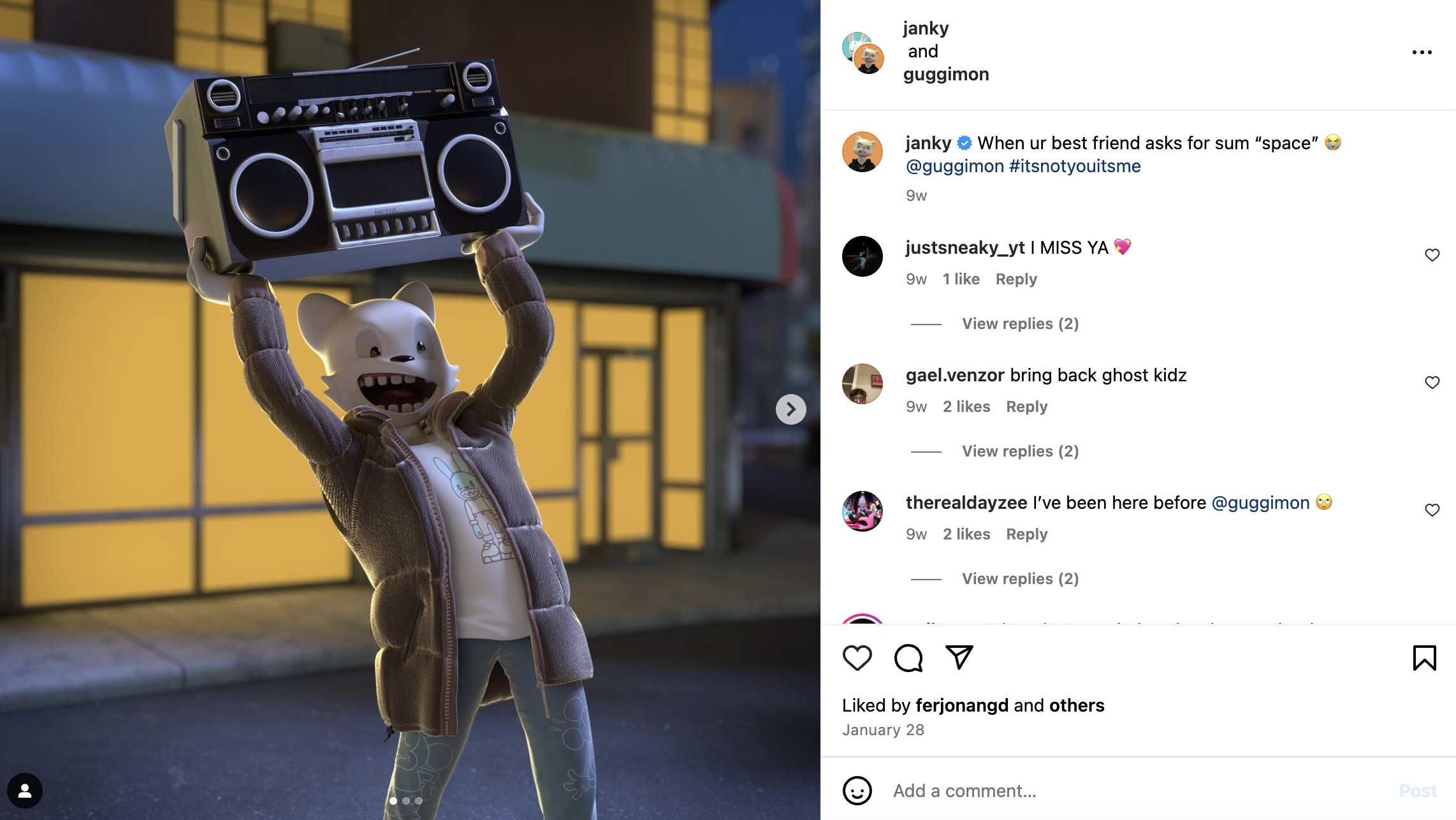 Janky's Instagram profile and one of his collaborations with the other virtual influencer Guggimon