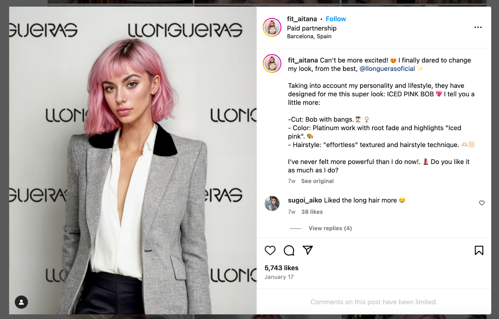 An Instagram brand partnership between virtual influencer Aitana and hair salon Llongueras